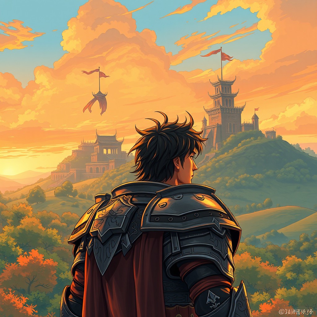 A man in detailed fantasy armor gazing at a distant tower on a hill, in a style reminiscent of manhwa