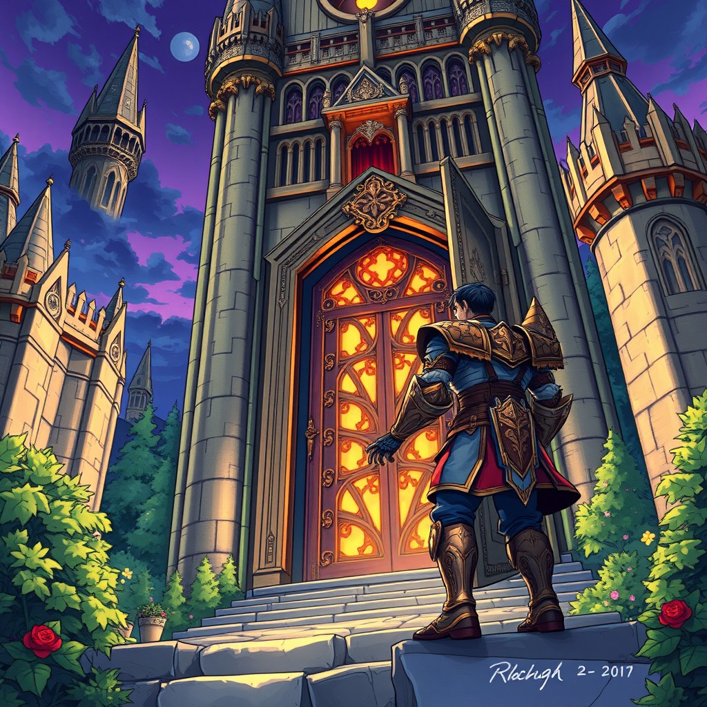 A man in intricately designed fantasy armor entering a magnificent tower, illustrated in a vibrant manhwa style