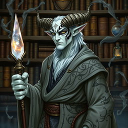 A striking Tiefling wizard with pristine white skin stands confidently, showcasing a dramatic black tribal tattoo extending over his right eye