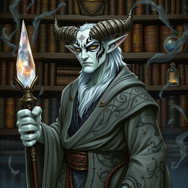A striking Tiefling wizard with pristine white skin stands confidently, showcasing a dramatic black tribal tattoo extending over his right eye