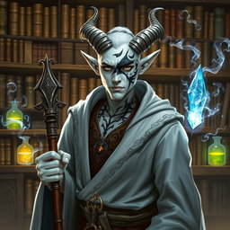 A striking Tiefling wizard with pristine white skin stands confidently, showcasing a dramatic black tribal tattoo extending over his right eye