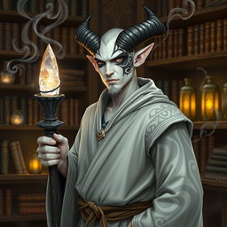 A striking Tiefling wizard with pristine white skin stands confidently, showcasing a dramatic black tribal tattoo extending over his right eye