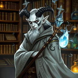 A striking Tiefling wizard with pristine white skin stands confidently, showcasing a dramatic black tribal tattoo extending over his right eye