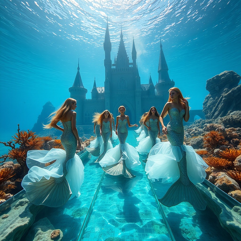 A stunning mermaid fashion runway, featuring elegantly dressed mermaids showcasing flowing gowns adorned with shimmering scales and ocean-inspired designs