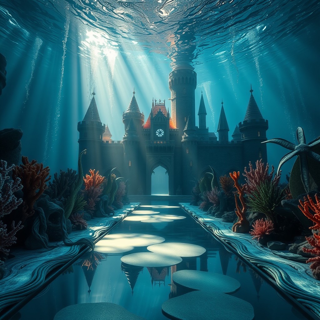 A captivating fashion runway set within an underwater scene, with a grand and majestic castle in the background that looks enchanting as if it is submerged beneath the ocean