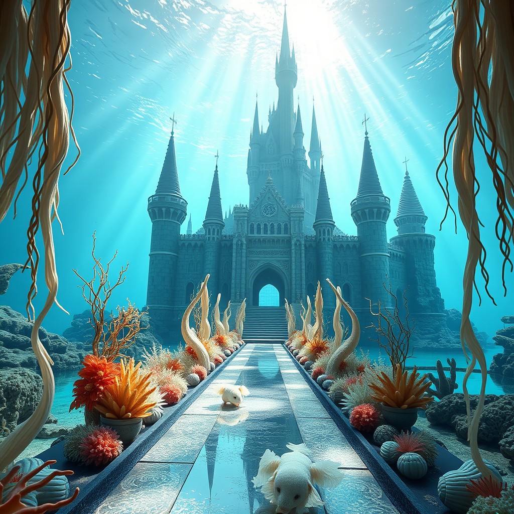 A mesmerizing fashion runway set within an underwater environment, elegantly designed like a mermaid's castle