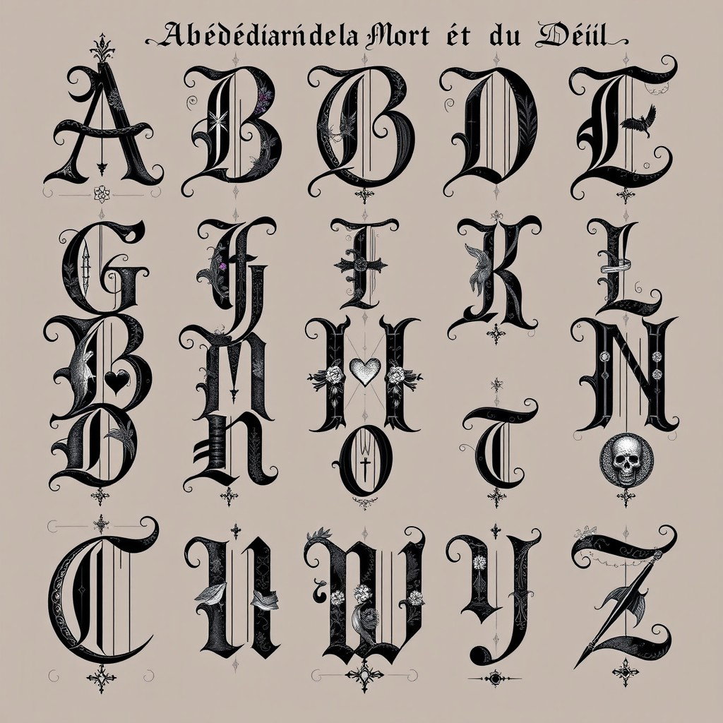 An artistic interpretation of an 'Abécédaire de la Mort et du Deuil', featuring beautiful illustrations representing each letter of the alphabet associated with themes of death and mourning