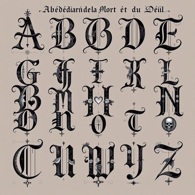 An artistic interpretation of an 'Abécédaire de la Mort et du Deuil', featuring beautiful illustrations representing each letter of the alphabet associated with themes of death and mourning