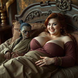 In a medieval bedroom scene, two figures are lying on an opulent bed