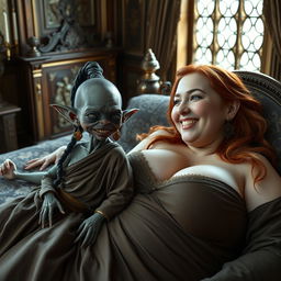 In a medieval bedroom, two figures are lying on a lavish bed