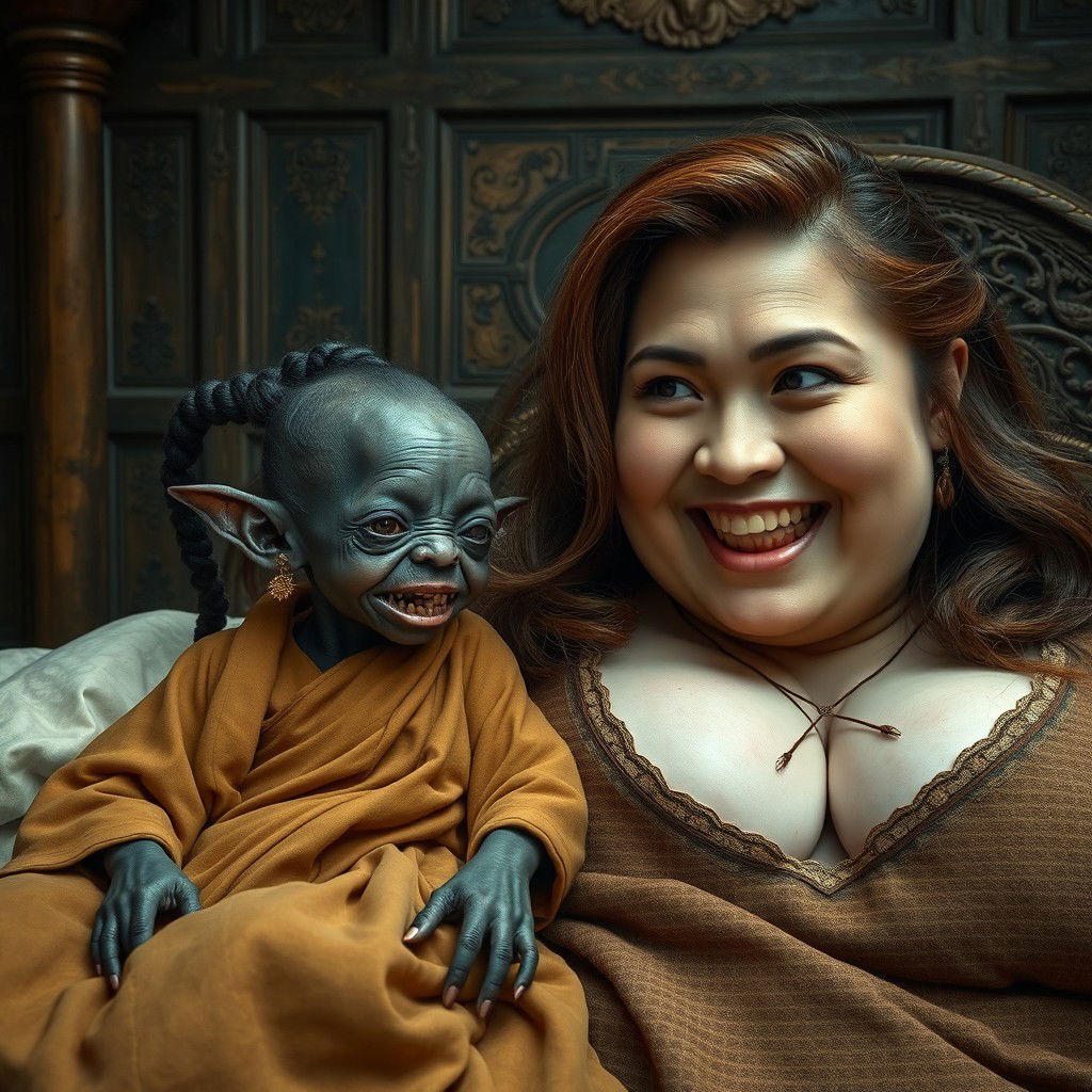 Lying on a medieval bed in an intricately designed medieval room, a small, malnourished black African female goblin with a tiny face, very dark skin, and decayed teeth is dressed in a long, fully closed Buddhist robe