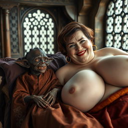 Lying on a medieval bed within an intricately designed medieval room, a small, emaciated black African female goblin is depicted with a tiny face, very dark skin, and decayed teeth, dressed in a long, fully closed Buddhist robe