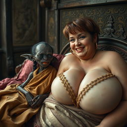 Lying on a medieval bed within an intricately designed medieval room, a small, emaciated black African female goblin is depicted with a tiny face, very dark skin, and decayed teeth, dressed in a long, fully closed Buddhist robe