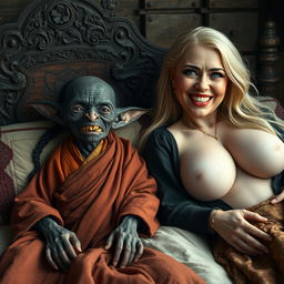 In a medieval bedroom, two figures are portrayed lying on a richly adorned bed