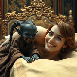 In a medieval palace, a captivating scene unfolds on a lavishly adorned bed