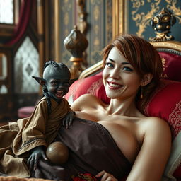 In a medieval palace, a captivating scene unfolds on a lavishly adorned bed