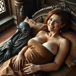 In an ancient medieval palace, two figures recline on a luxurious bed