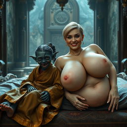 In a captivating medieval temple, two figures lie gracefully on an ornate bed