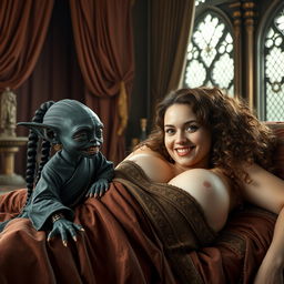 In a luxurious medieval palace chamber, a scene is set with an ornate bed adorned with lavish draperies