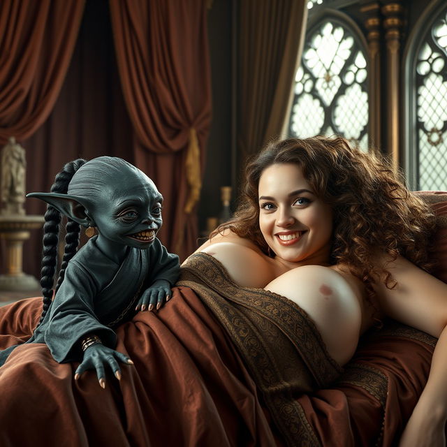 In a luxurious medieval palace chamber, a scene is set with an ornate bed adorned with lavish draperies