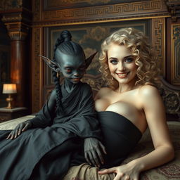 In an ancient medieval palace, a captivating scene unfolds within a richly decorated bedroom featuring an ornate bed