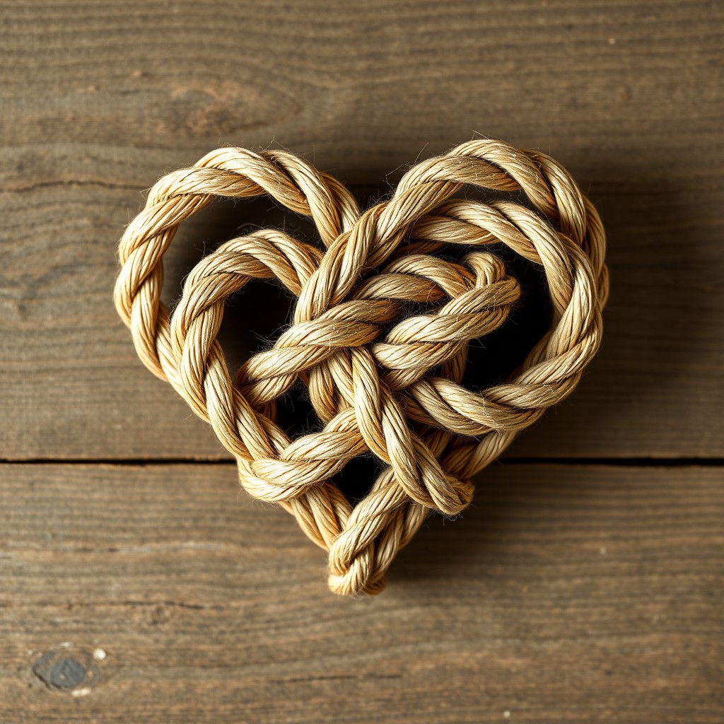 A heart shape intricately tied in a knot made of natural, textured rope