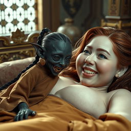 In an ancient medieval palace bedroom, a tiny, black female goblin with very dark skin, a malnourished body, and sharp, decayed teeth lies on a lavish bed