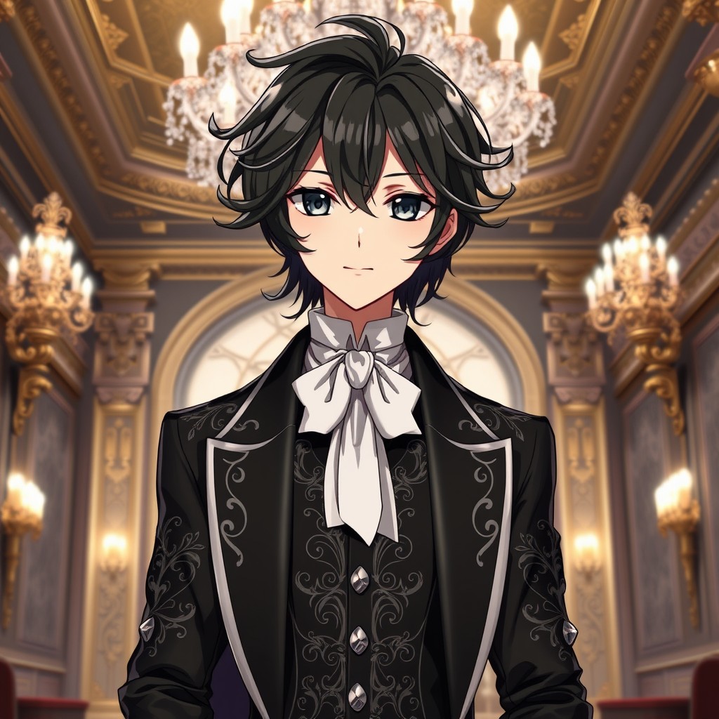 An elegant anime character with glossy dark hair styled in a sophisticated manner, prominently featuring soft curls and a few stray locks framing their face