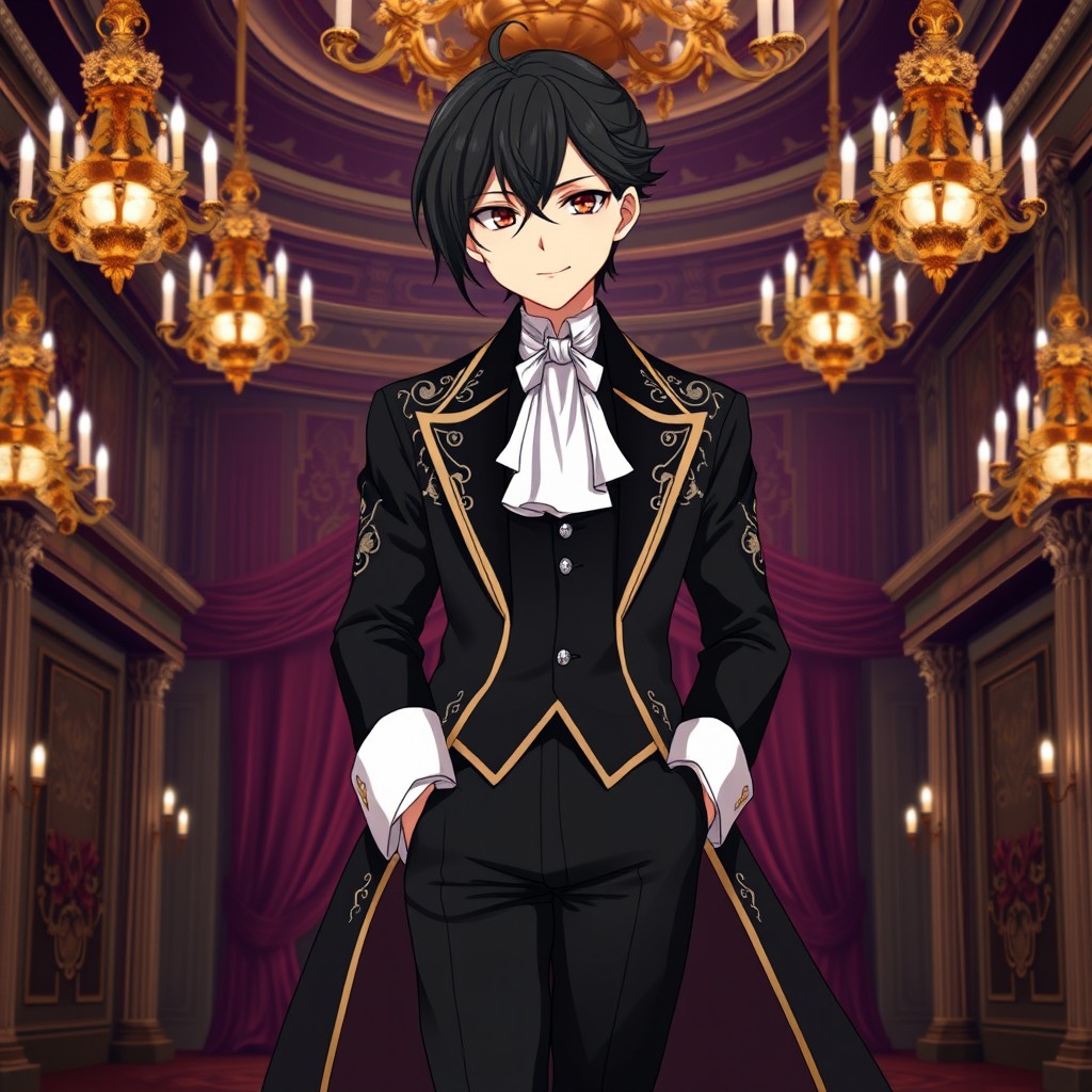 An elegant anime character featuring sleek, dark hair styled in a sophisticated updo, with a few delicate strands cascading down