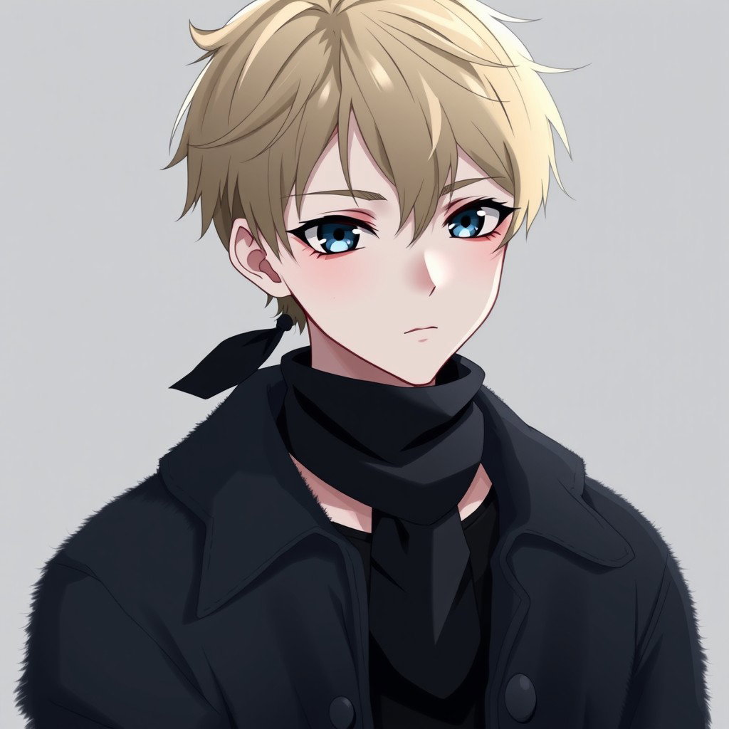 An anime boy with dark blonde hair styled in a side part that gently covers his forehead