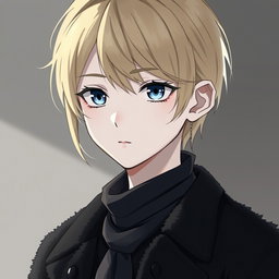 An anime boy with dark blonde hair styled in a side part that gently covers his forehead