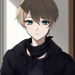 An anime boy with dark blonde hair styled in a side part that gently covers his forehead