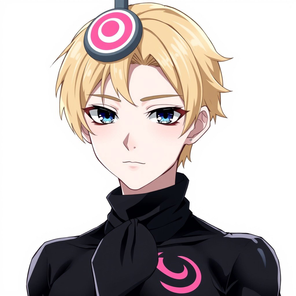 An anime boy with dark blonde hair styled in a side part that elegantly covers his forehead