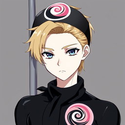 An anime boy with dark blonde hair styled in a side part that elegantly covers his forehead