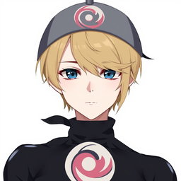 An anime boy with dark blonde hair styled in a side part that elegantly covers his forehead