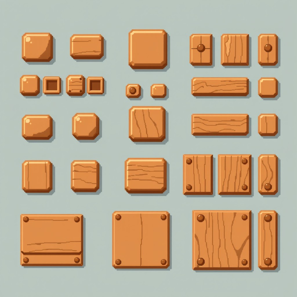 A pixel art 2D graphical user interface spritesheet designed for a board game, showcasing various elements such as buttons and panels