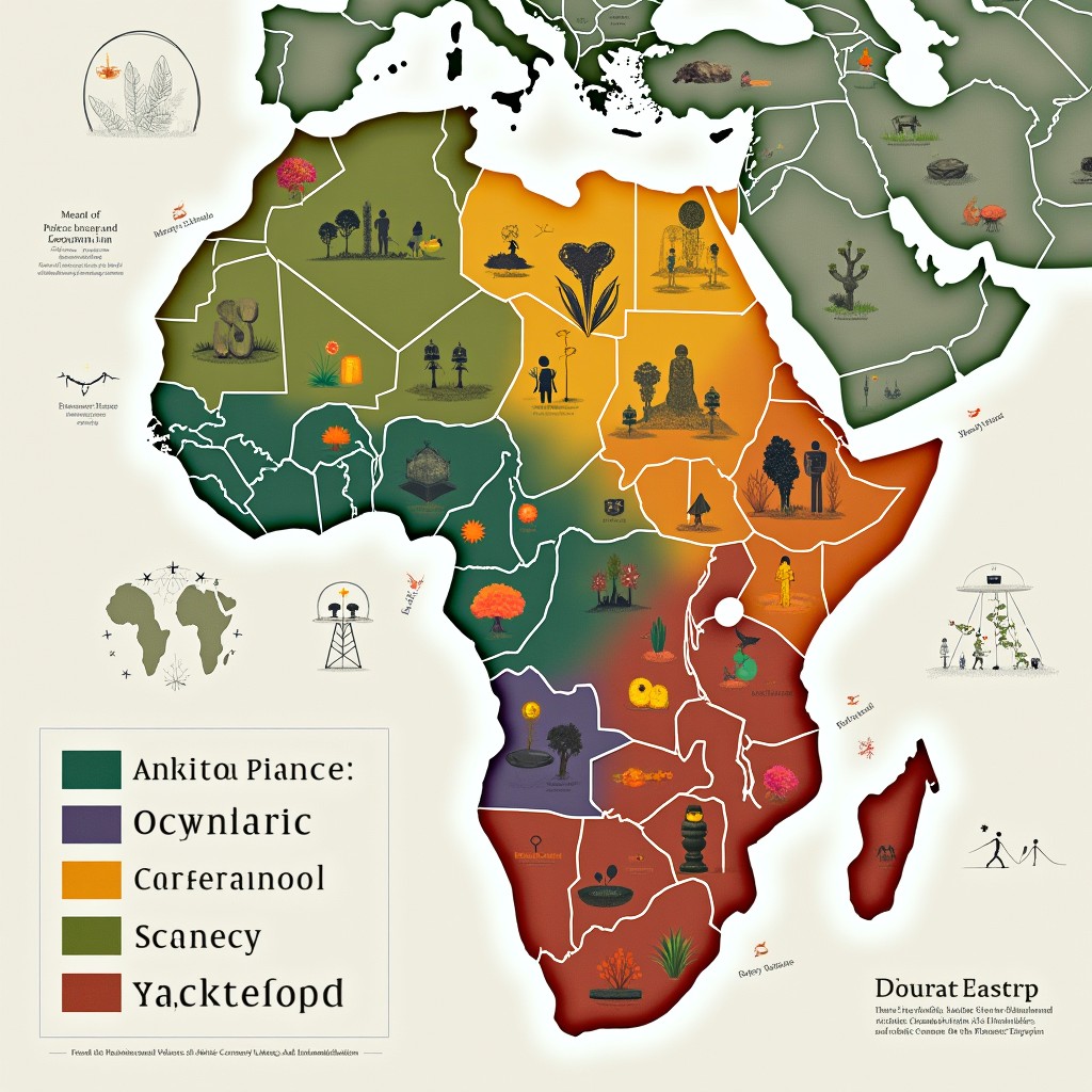 A conceptual map illustrating overlapping zones labeled as African political economy, green finance, digital currency innovation, postcolonial monetary critique, and institutional design