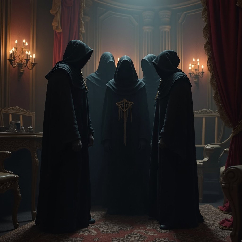 A dramatic and shadowy scene depicting the Obsidian Order, a clandestine faction shrouded in mystery and intrigue