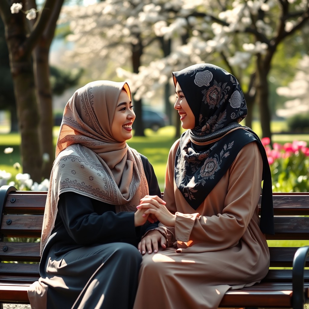 A heartwarming portrayal of two women in love, one of whom wears a beautifully designed hijab that complements her outfit