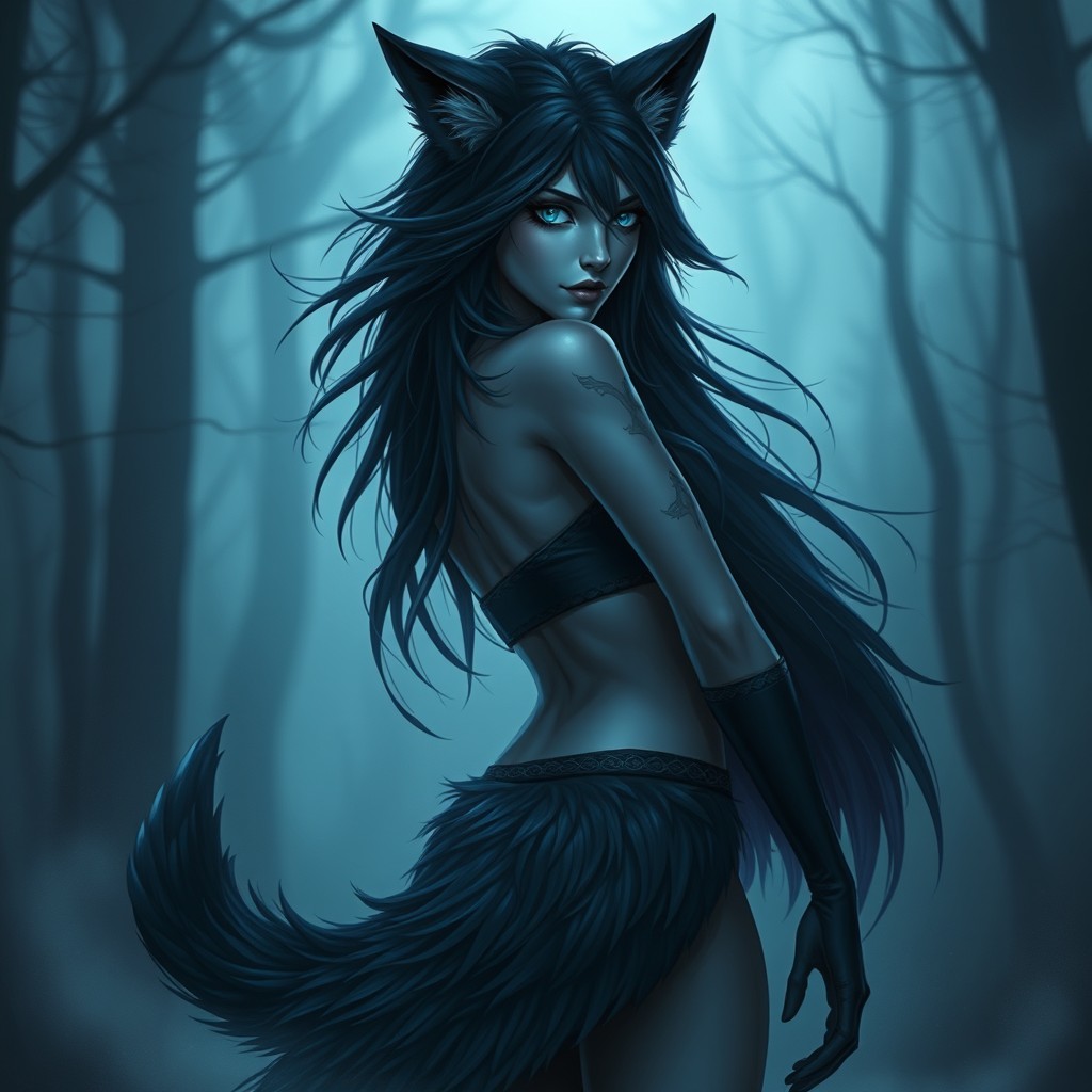 A beautiful dark Nordic female wolf-human hybrid, exuding a horror aesthetic