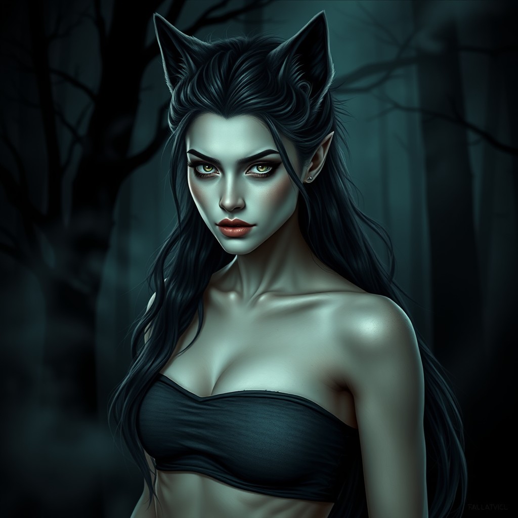 A beautiful female werewolf with dark, Nordic features, embodying a horror aesthetic
