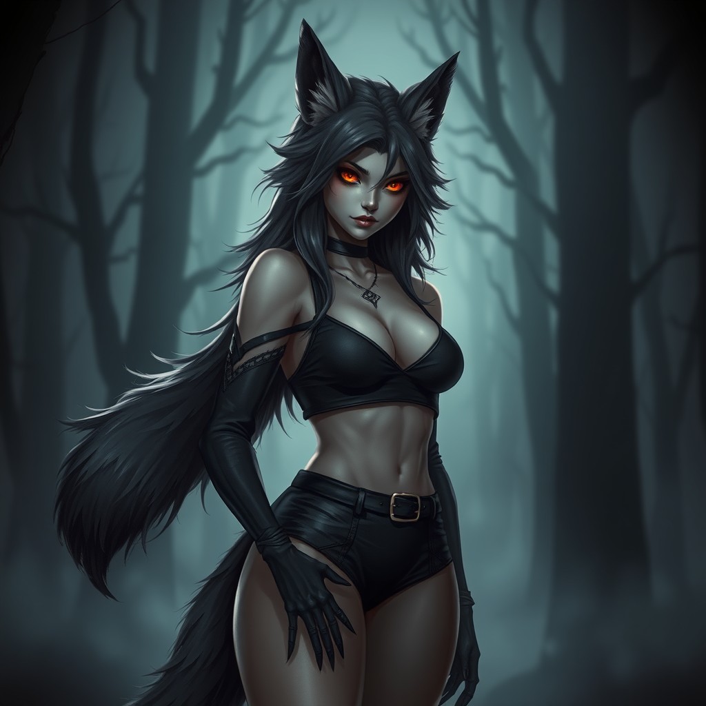 A dark, Nordic female human wolf character, embodying horror elements while still being beautiful