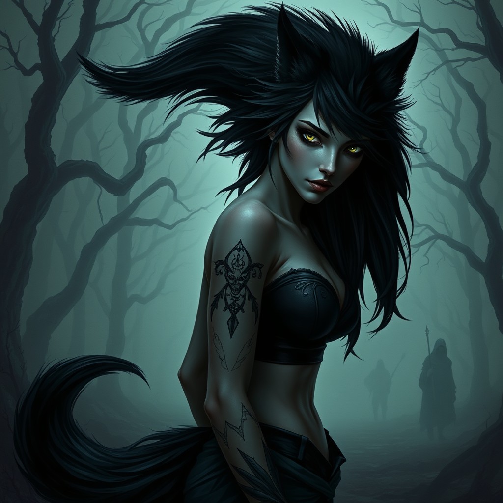 A stunning dark Nordic female wolf-human hybrid with an ethereal beauty