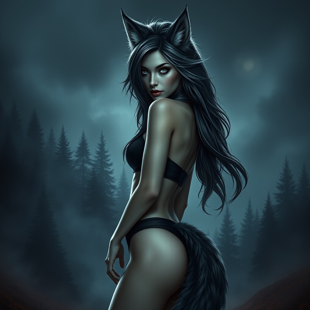 A captivating female human-wolf hybrid, embodying a dark Nordic aesthetic