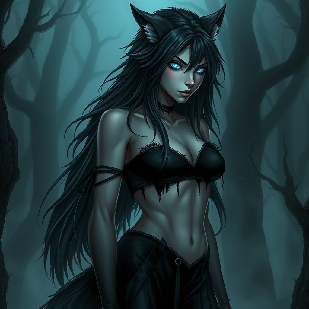 A dark and beautiful female wolf-human hybrid, featuring striking Nordic features