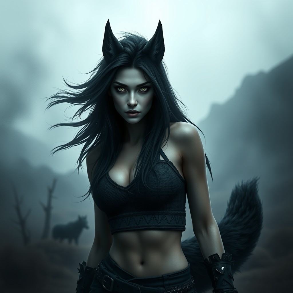 A visually stunning female human-wolf hybrid, exuding dark and Nordic qualities