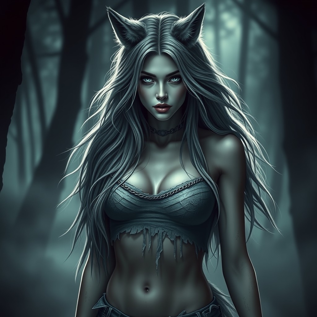 A stunning female human-wolf hybrid with a dark Nordic theme, exuding an eerie horror vibe
