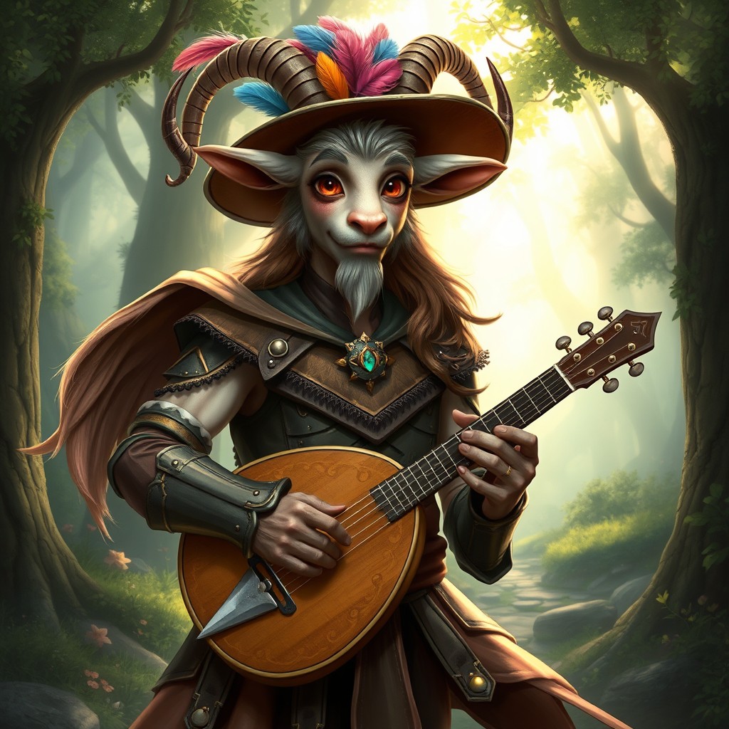 An enchanting satyr bard, characterized by whimsical goat-like features, wearing a stylish hat embellished with colorful feathers