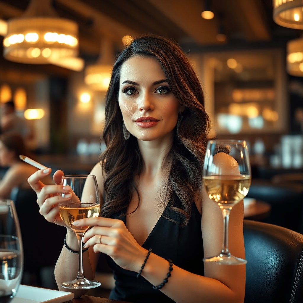 A 35-year-old woman elegantly made up, sitting in a stylish restaurant