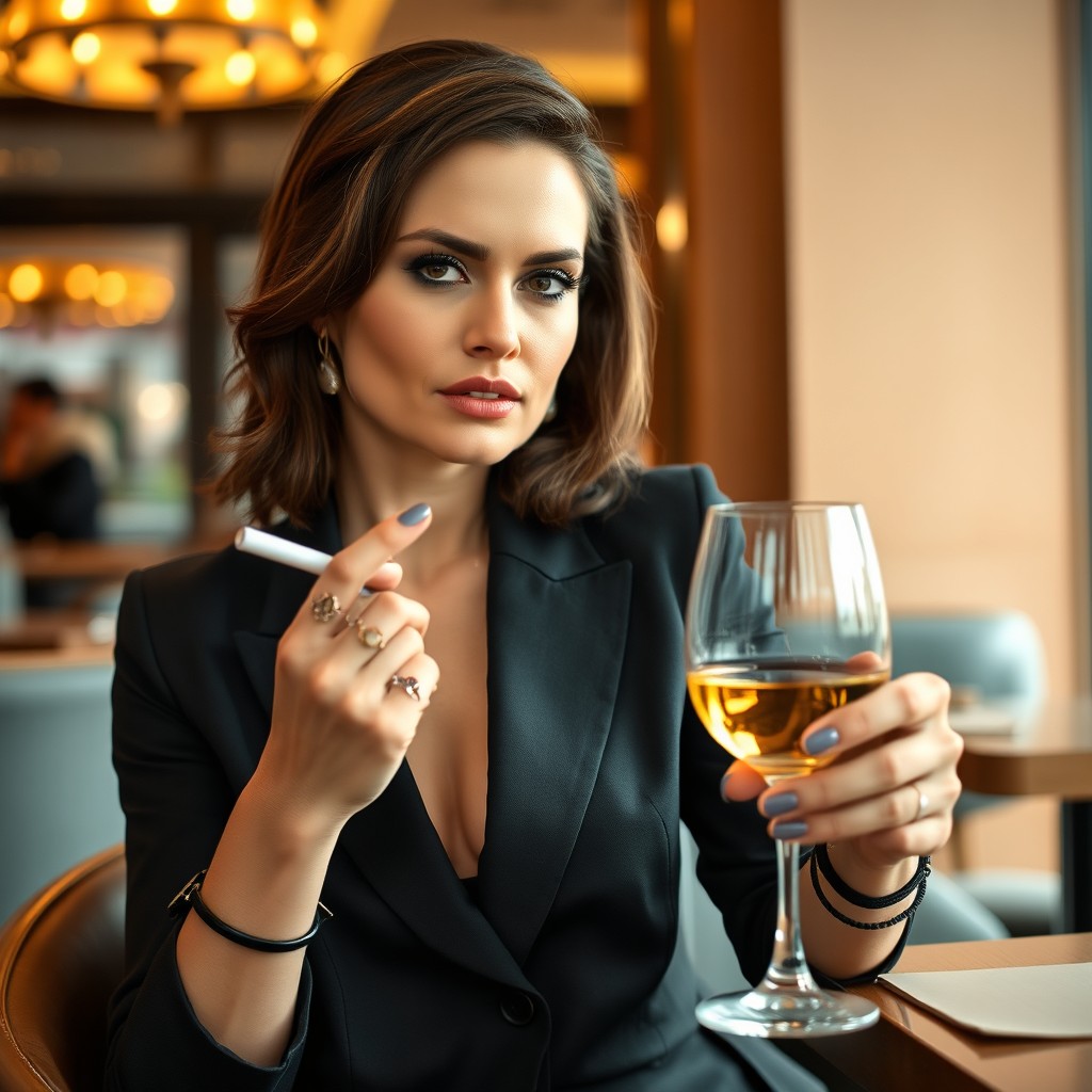 A 35-year-old woman elegantly made up, sitting in a stylish restaurant with a slightly stern and dominant expression